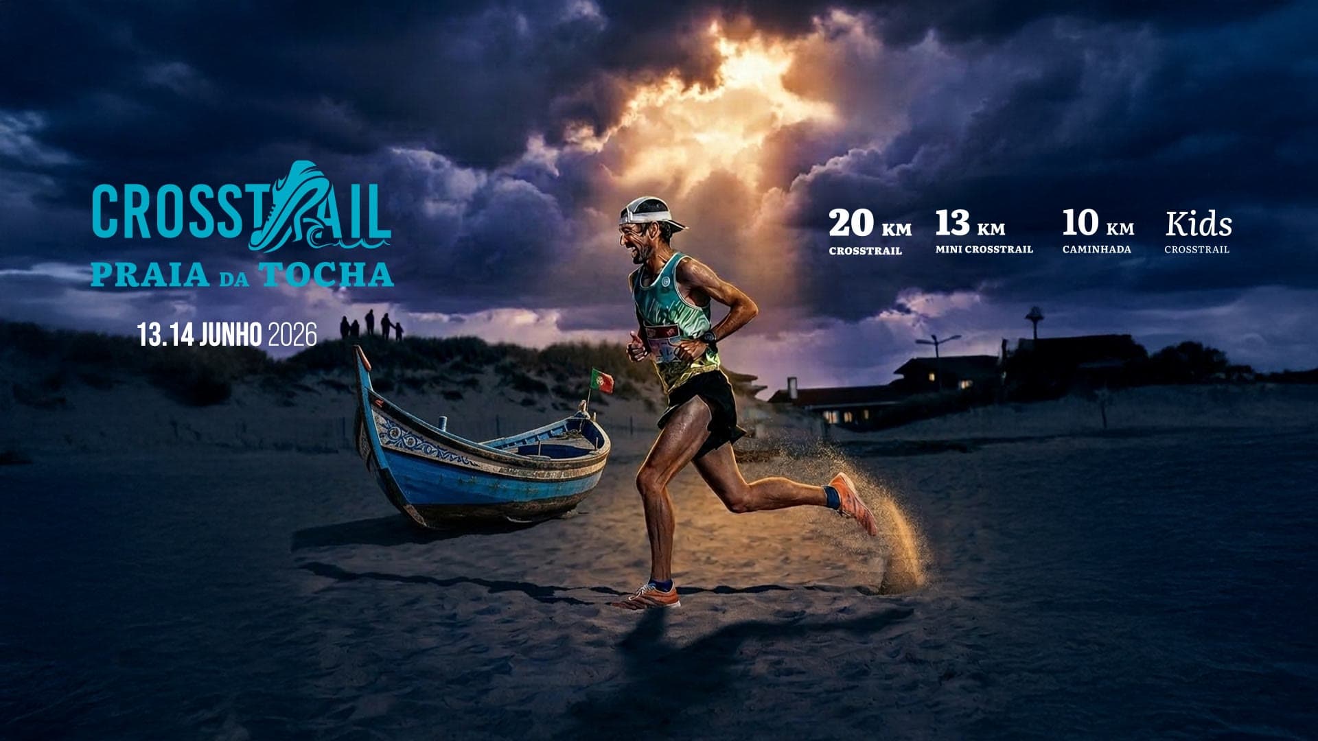 Cartaz do Crosstrail Praia da Tocha: atleta a correr na areia junto a um barco da arte-xávega